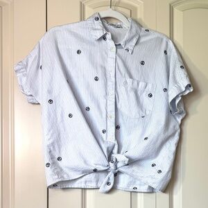 Madewell Blue White Striped Peace Sign Print Button Up Tie Front Shirt (S)